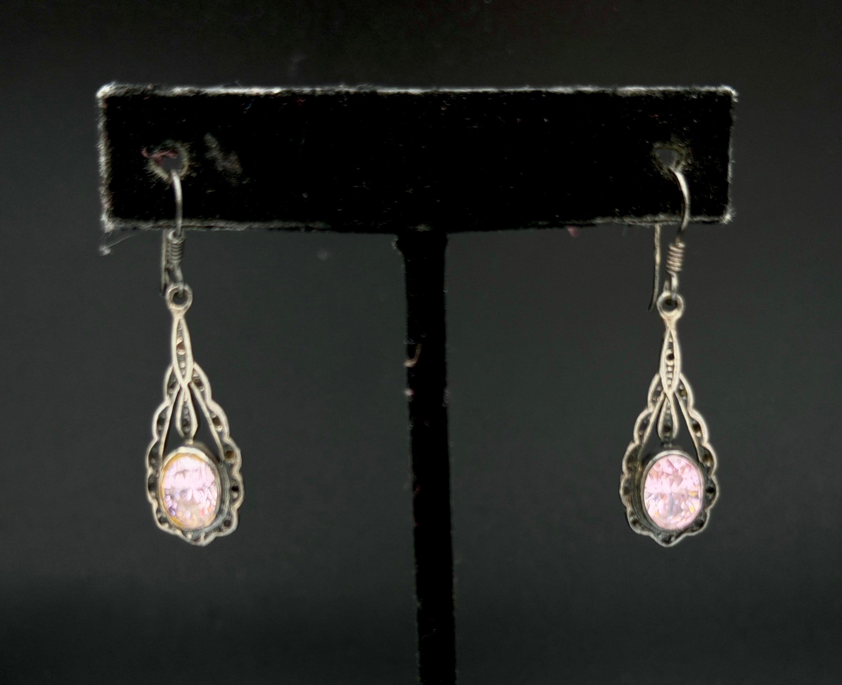 Vintage Pink Uranium Glass Sterling Silver Dangle Earrings