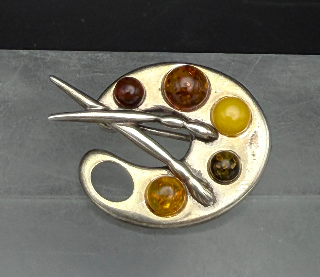 Vintage Sterling Silver and Amber Artist's Palette Brooch