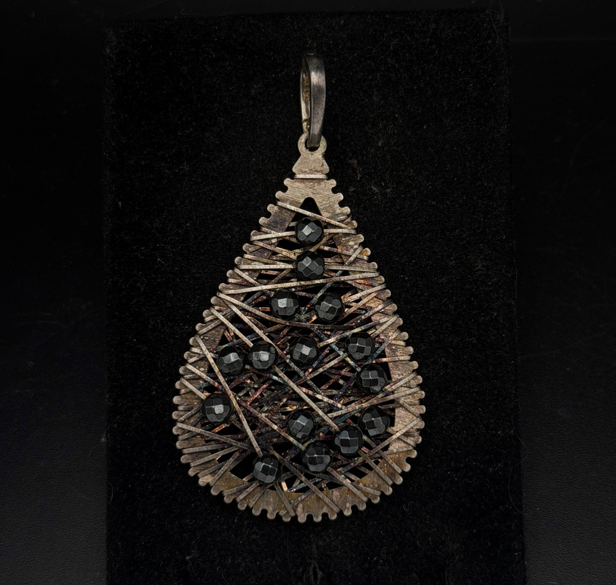 Milor - Vintage Sterling Silver Hematite Bead Brutalist Wire Wrapped Pendant