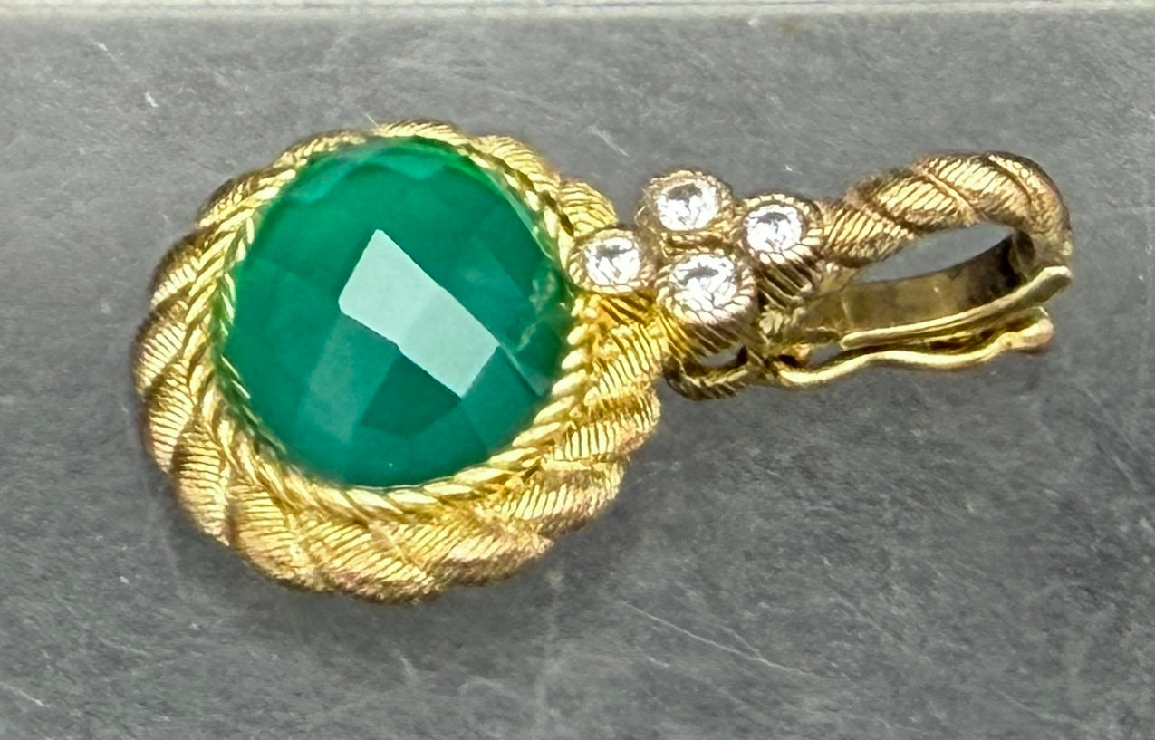 Judith Ripka- Vintage Green Onyx Gold Tone Sterling Silver CZ Pendant