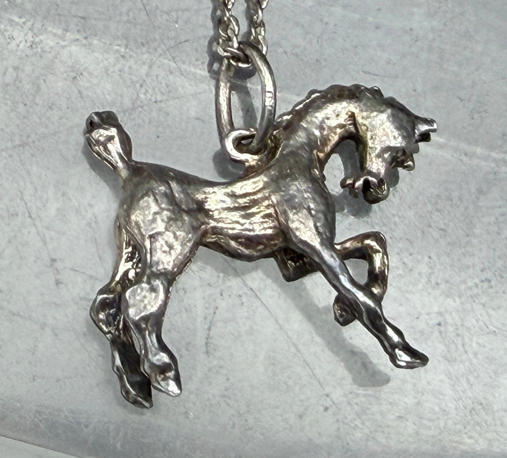 Vintage Sterling Silver Bucking Bronco Horse Pendant Chain Necklace - 16"