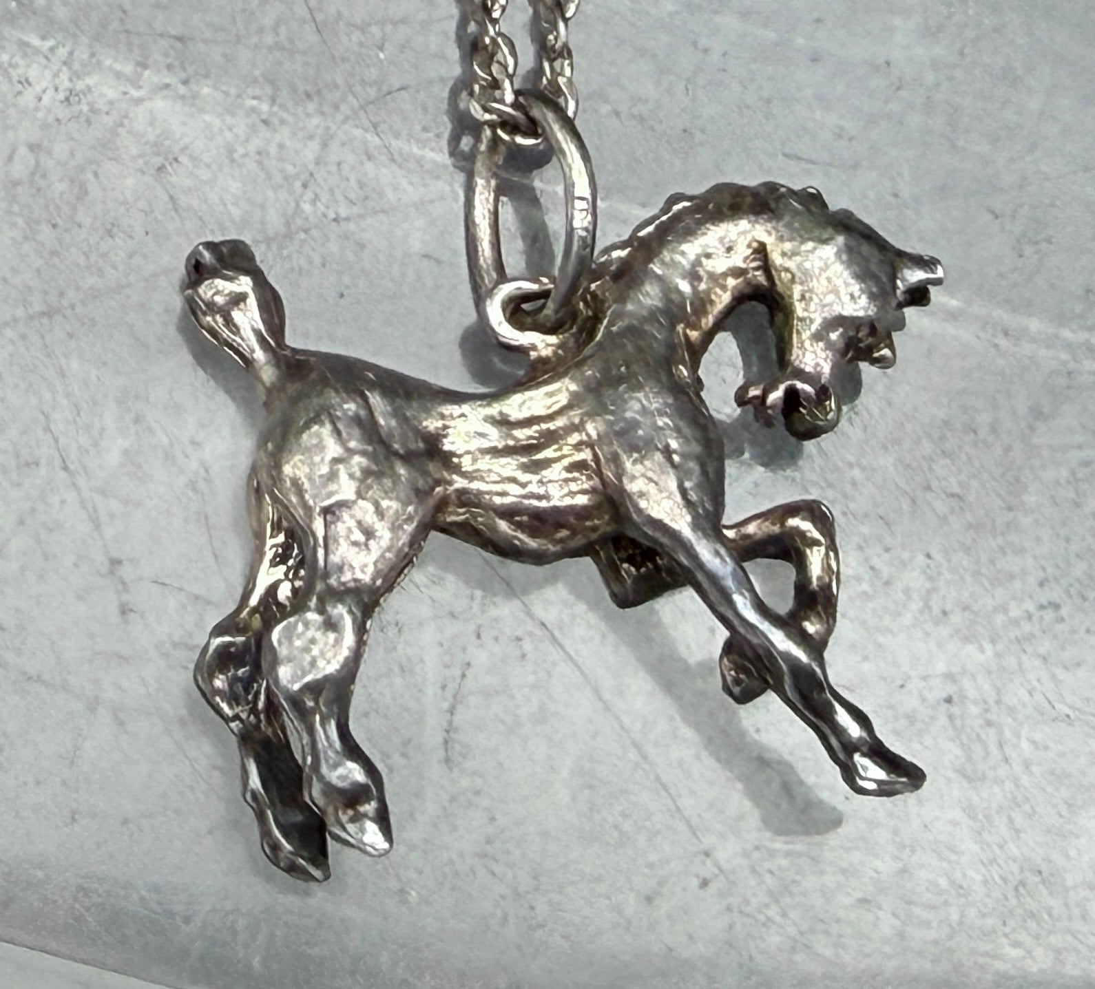 Vintage Sterling Silver Bucking Bronco Horse Pendant Chain Necklace - 16"