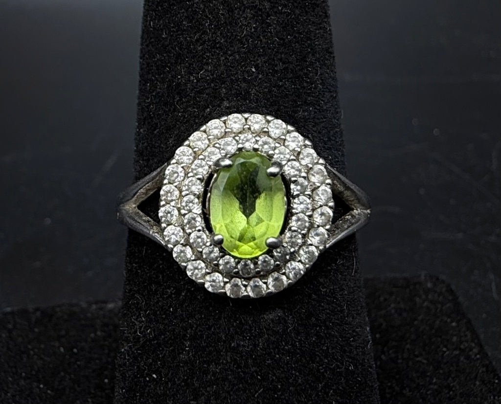 Vintage Peridot Sterling Silver Double Halo Ring - Size 7.25