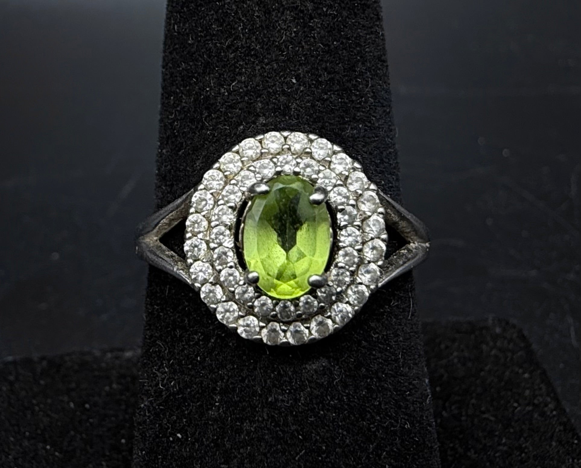 Vintage Peridot Sterling Silver Double Halo Ring - Size 7.25