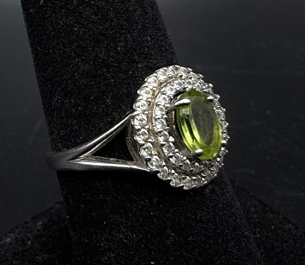 Vintage Peridot Sterling Silver Double Halo Ring - Size 7.25