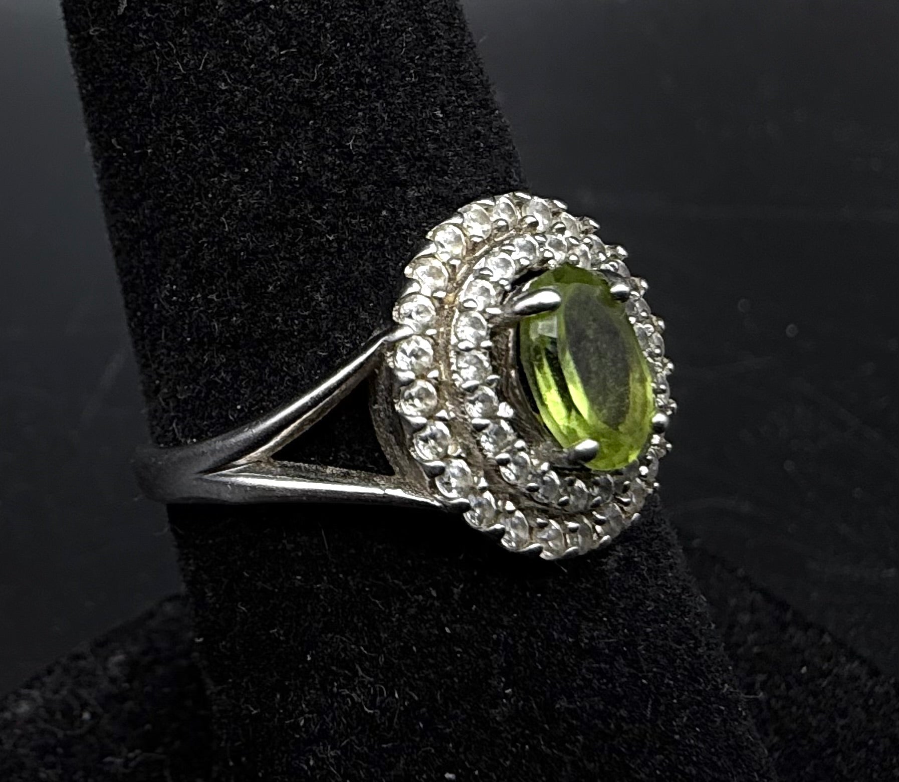 Vintage Peridot Sterling Silver Double Halo Ring - Size 7.25