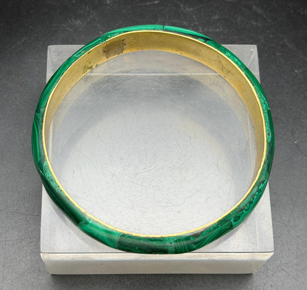 Vintage Handmade Malachite Inlaid Brass Wide Bangle Bracelet