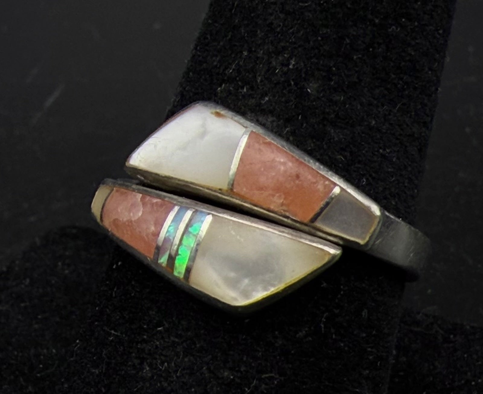 Julius Burbank - Vintage Handmade Sterling Silver Inlaid Bypass Ring - Adjustable Size