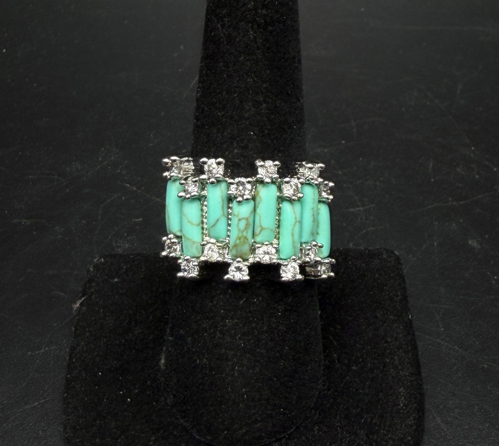 Vintage 18k White Gold Plated CZ and Faux Turquoise Ring - Size 8