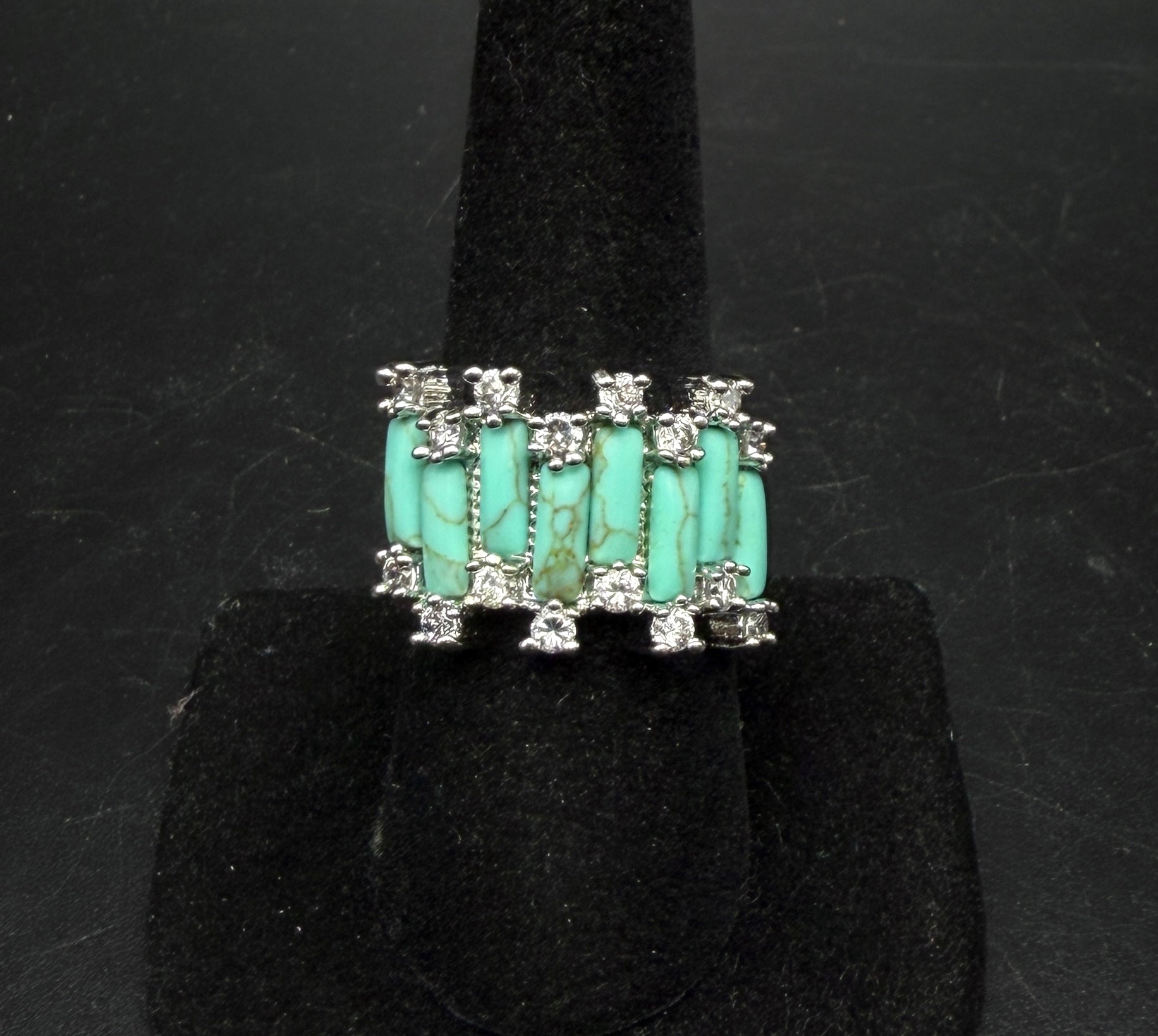 Vintage 18k White Gold Plated CZ and Faux Turquoise Ring - Size 8