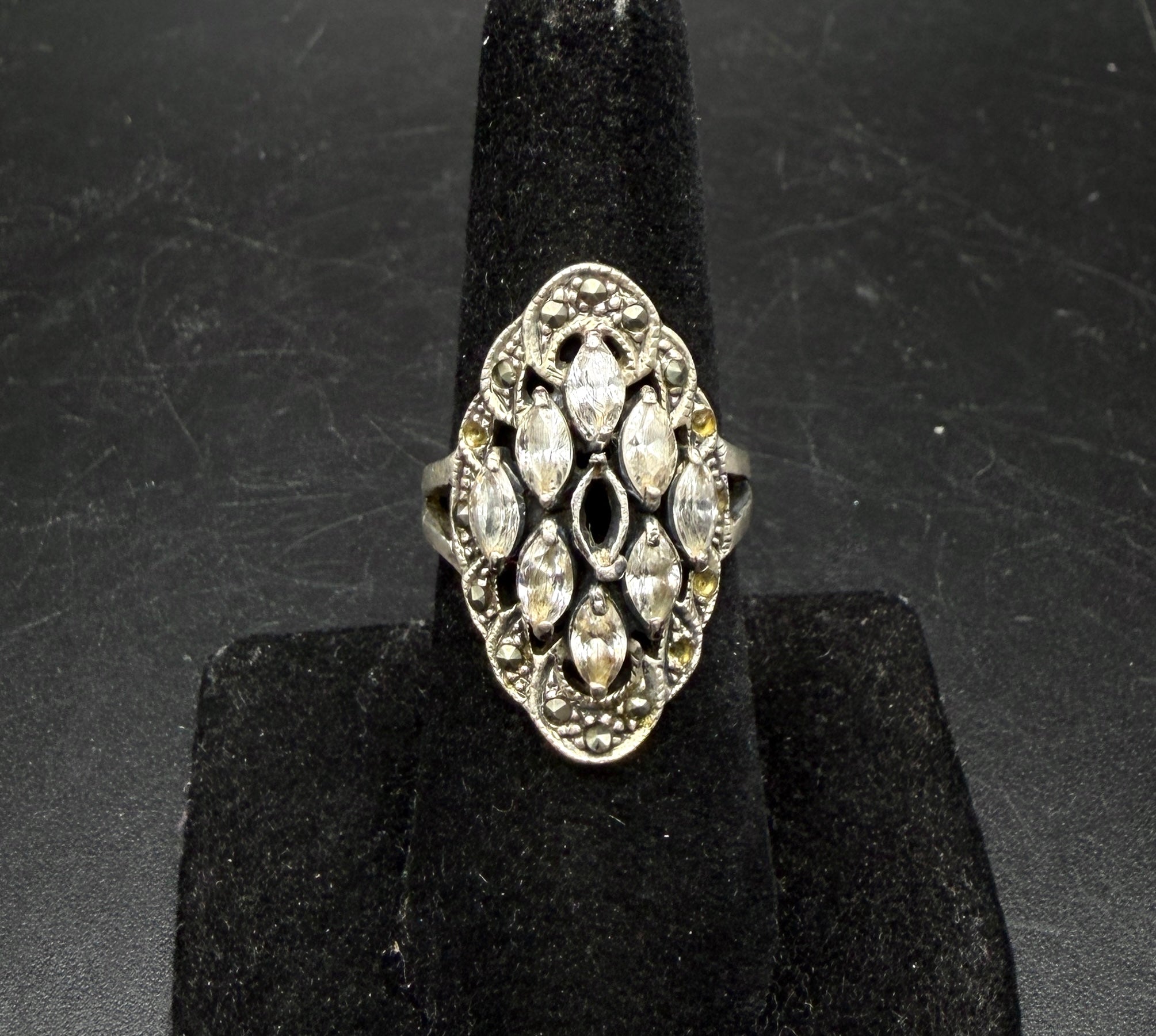 Vintage Sterling Silver CZ and Marcasite Ring - Size 7 AS IS
