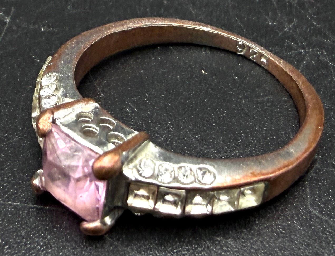 Vintage Silver Plated Pink Crystal Glass Ring - Size 9