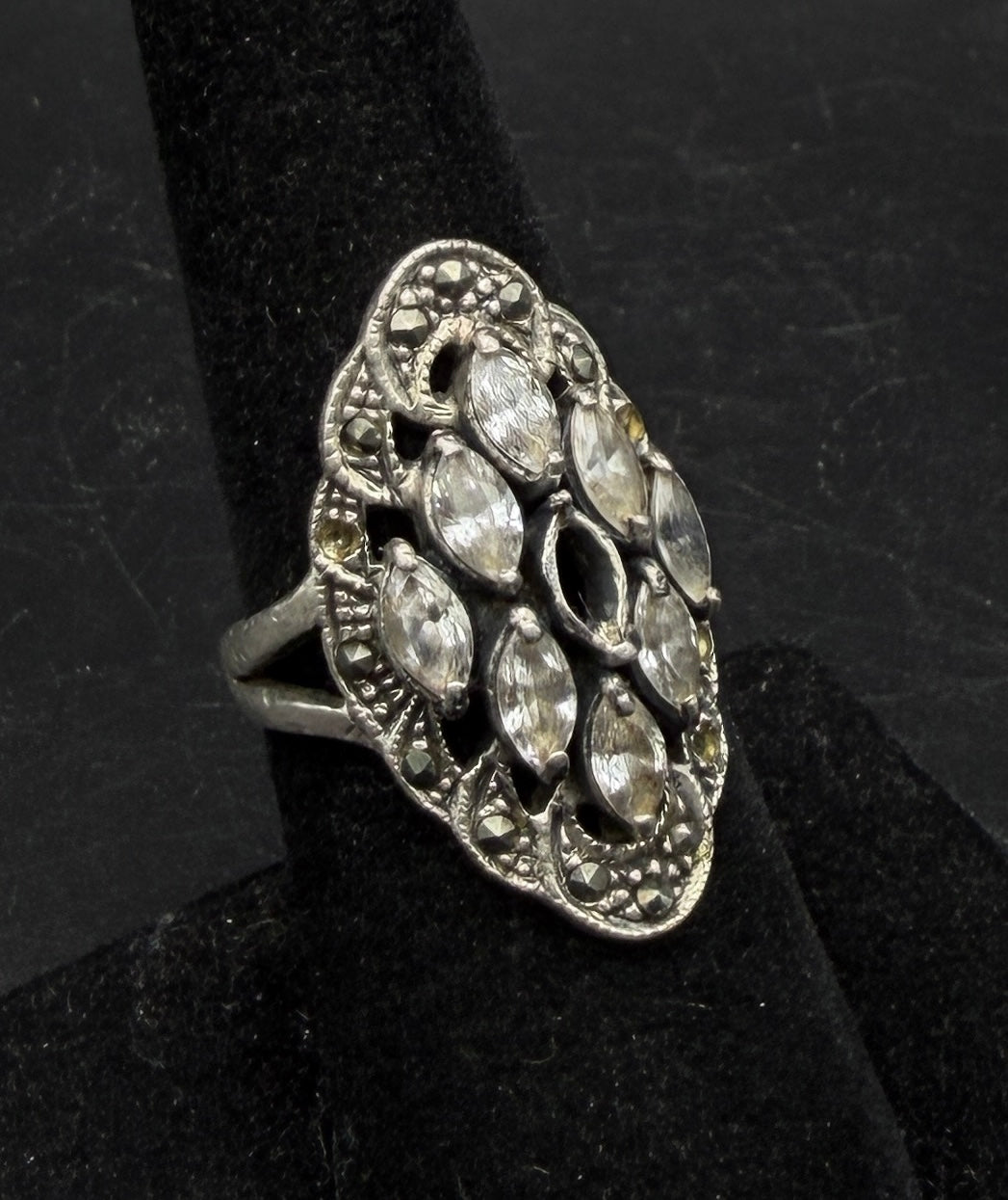 Vintage Sterling Silver CZ and Marcasite Ring - Size 7 AS IS