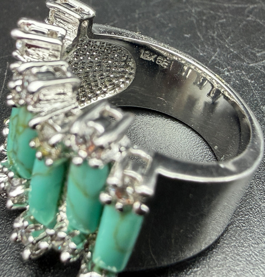 Vintage 18k White Gold Plated CZ and Faux Turquoise Ring - Size 8