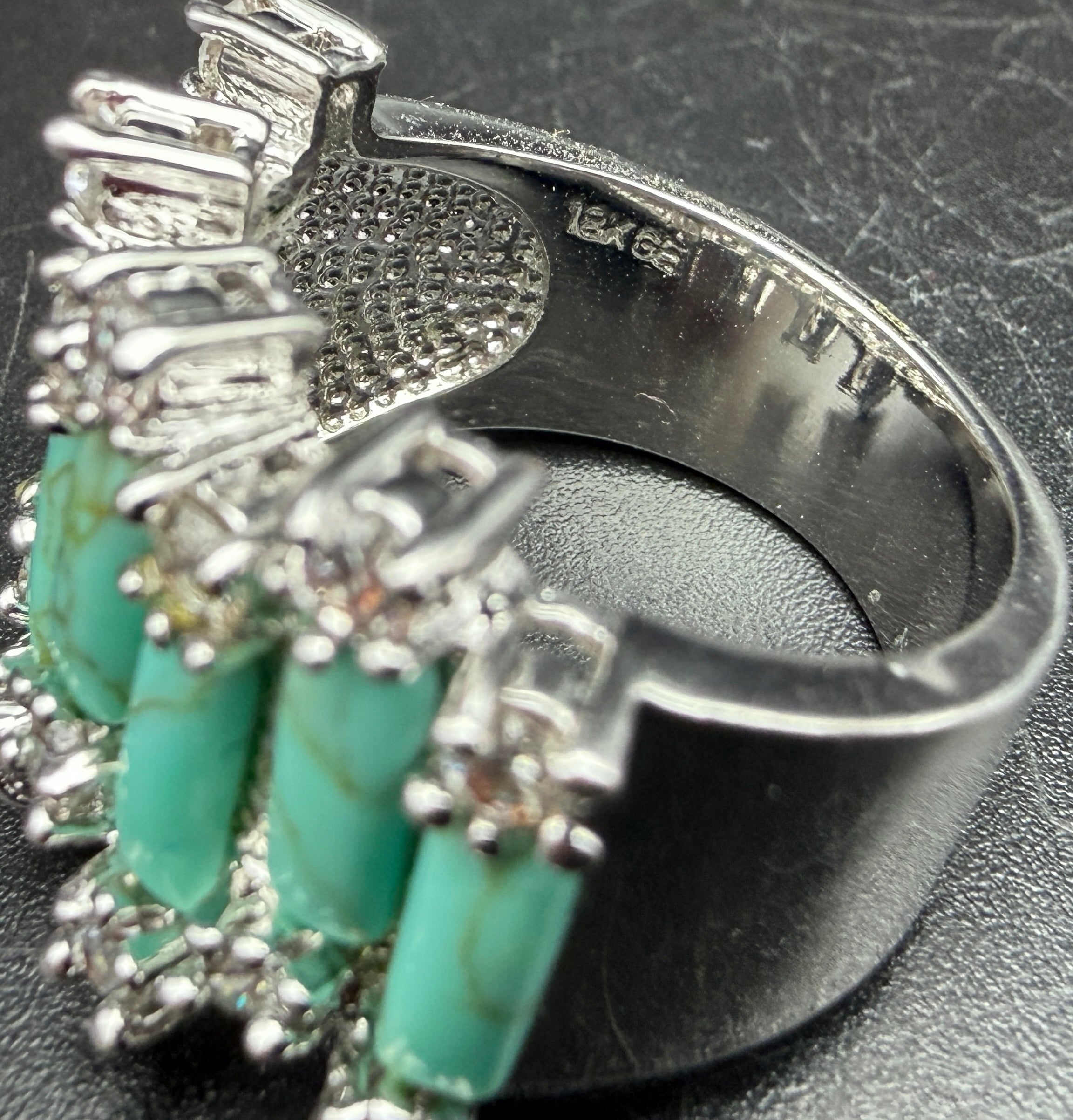 Vintage 18k White Gold Plated CZ and Faux Turquoise Ring - Size 8