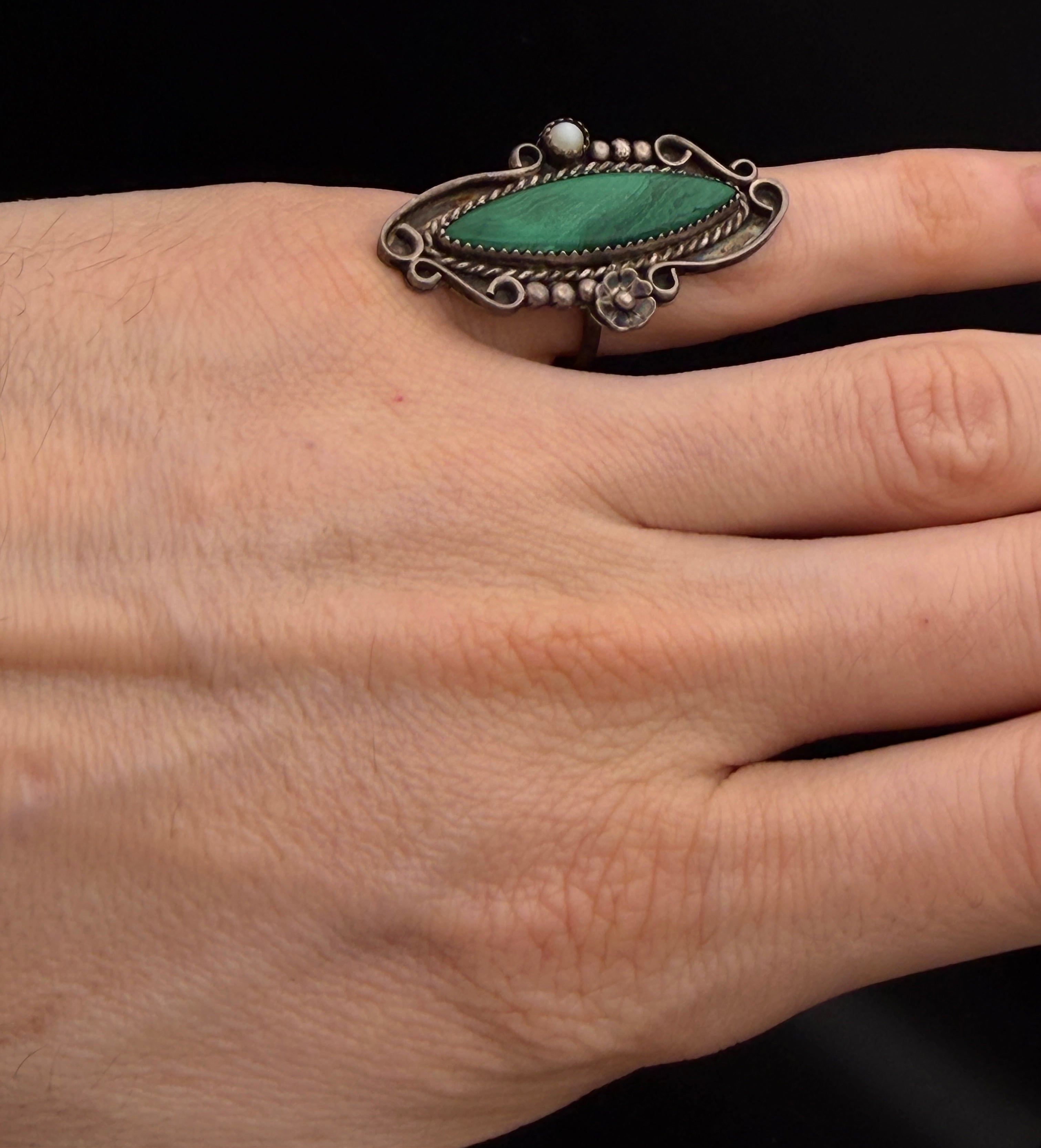 Vintage Malachite Sterling Silver Handmade Ring - Size 7