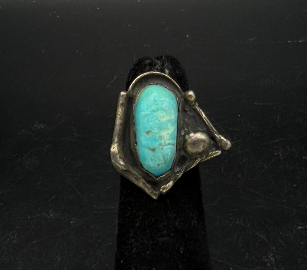 Vintage Handmade Turquoise Sterling Silver Abstract Knuckle Ring - Size 2.75