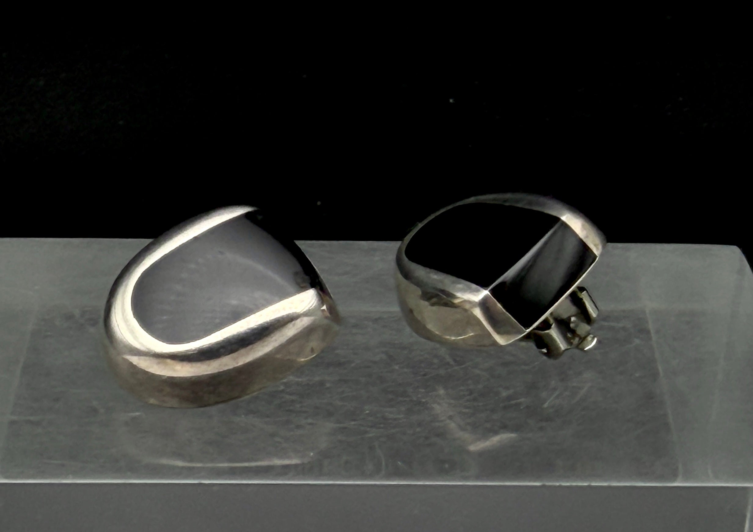 Vintage Sterling Silver Black Onyx Modernist Clip On Earrings