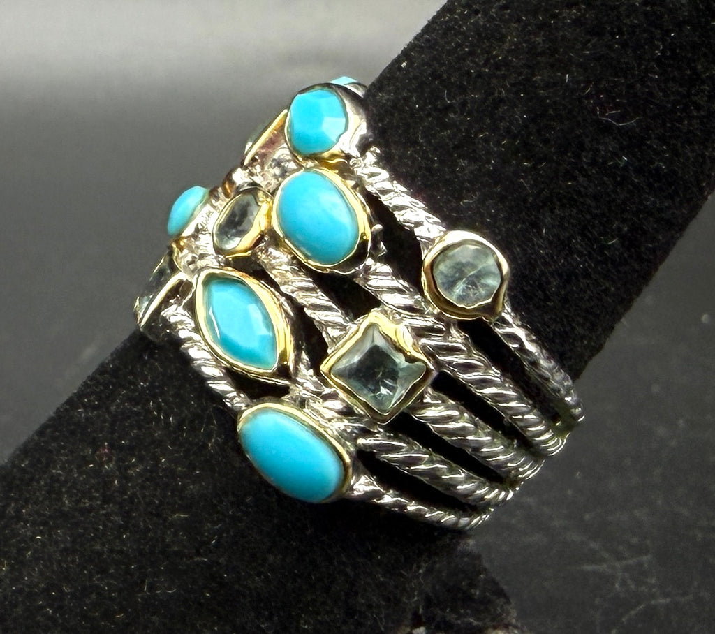 Vintage Sterling Silver Faux Turquoise and Imitation Blue Topaz Ring - Size 7.75