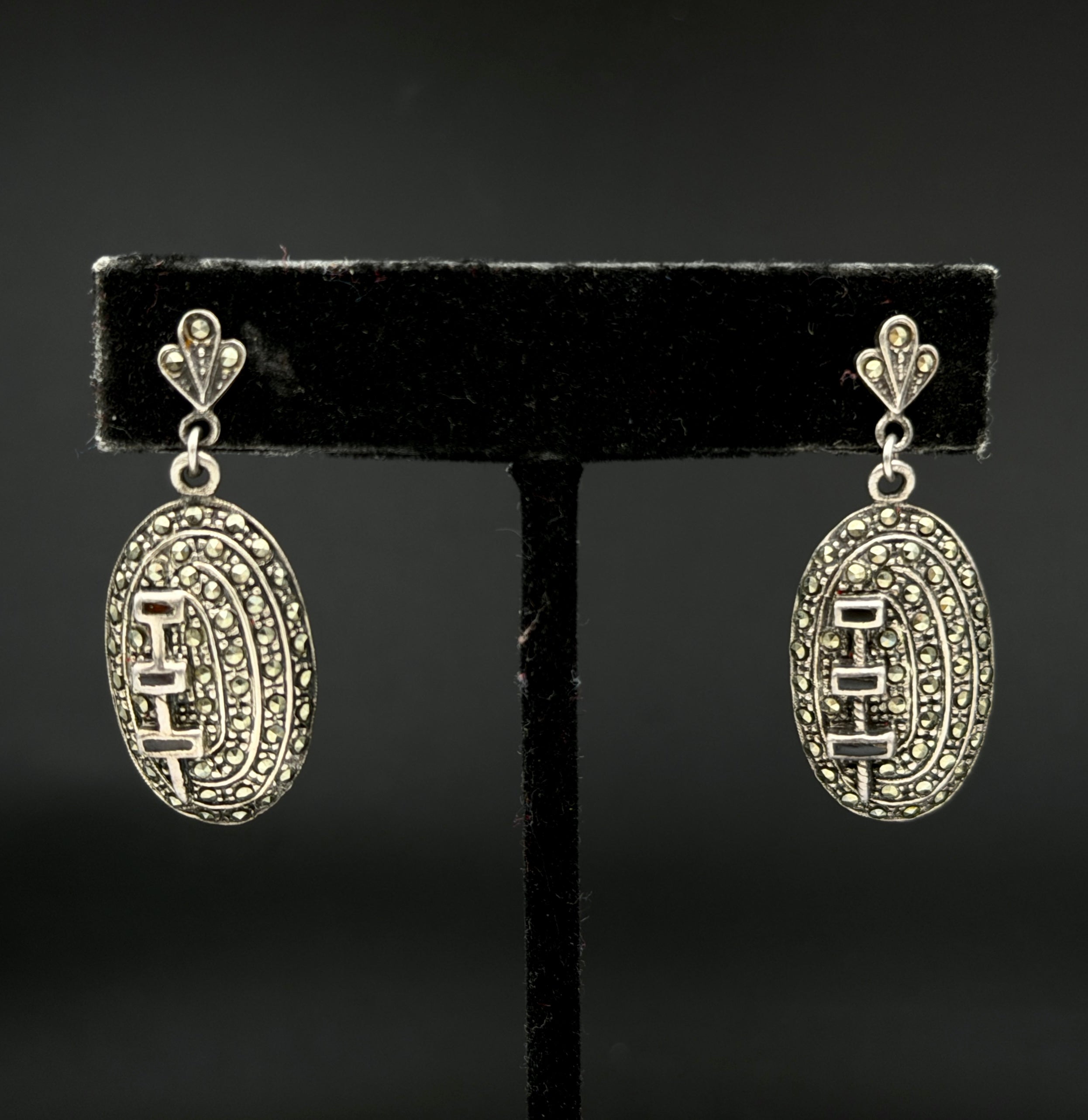 Vintage Sterling Silver Marcasite and Black Onyx Dangle Earrings