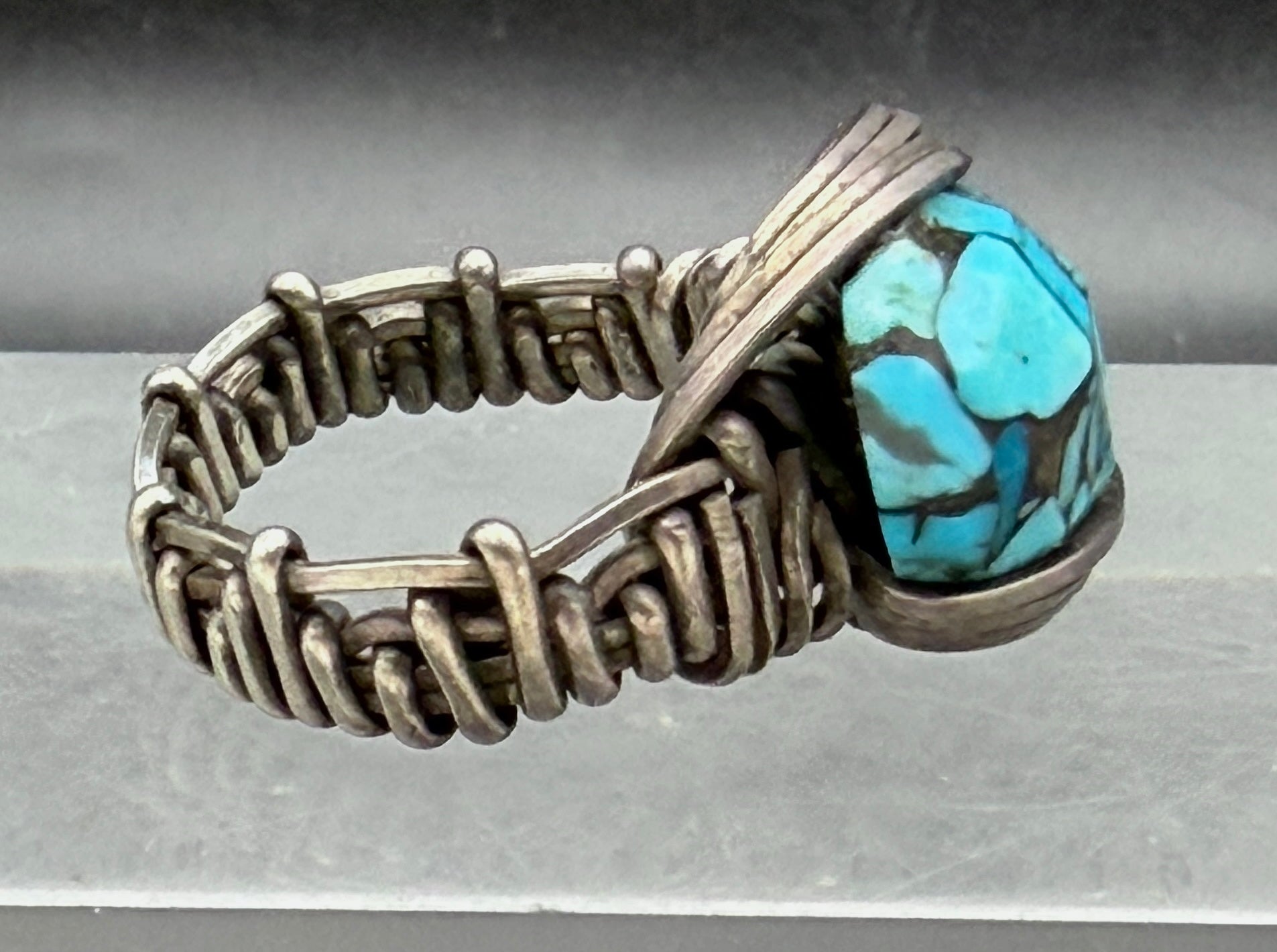 Vintage Turquoise Sterling Silver Wire Wrapped Handmade Ring - Size 7.5