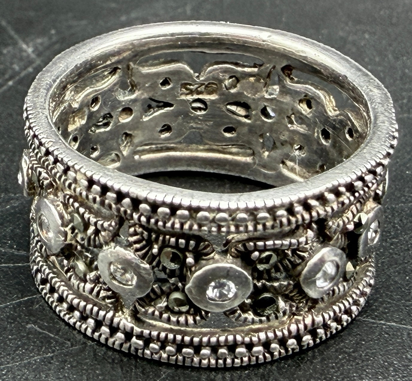 Vintage Sterling Silver with Marcasite and Crystal Glass Wide Band Ring - Size 8