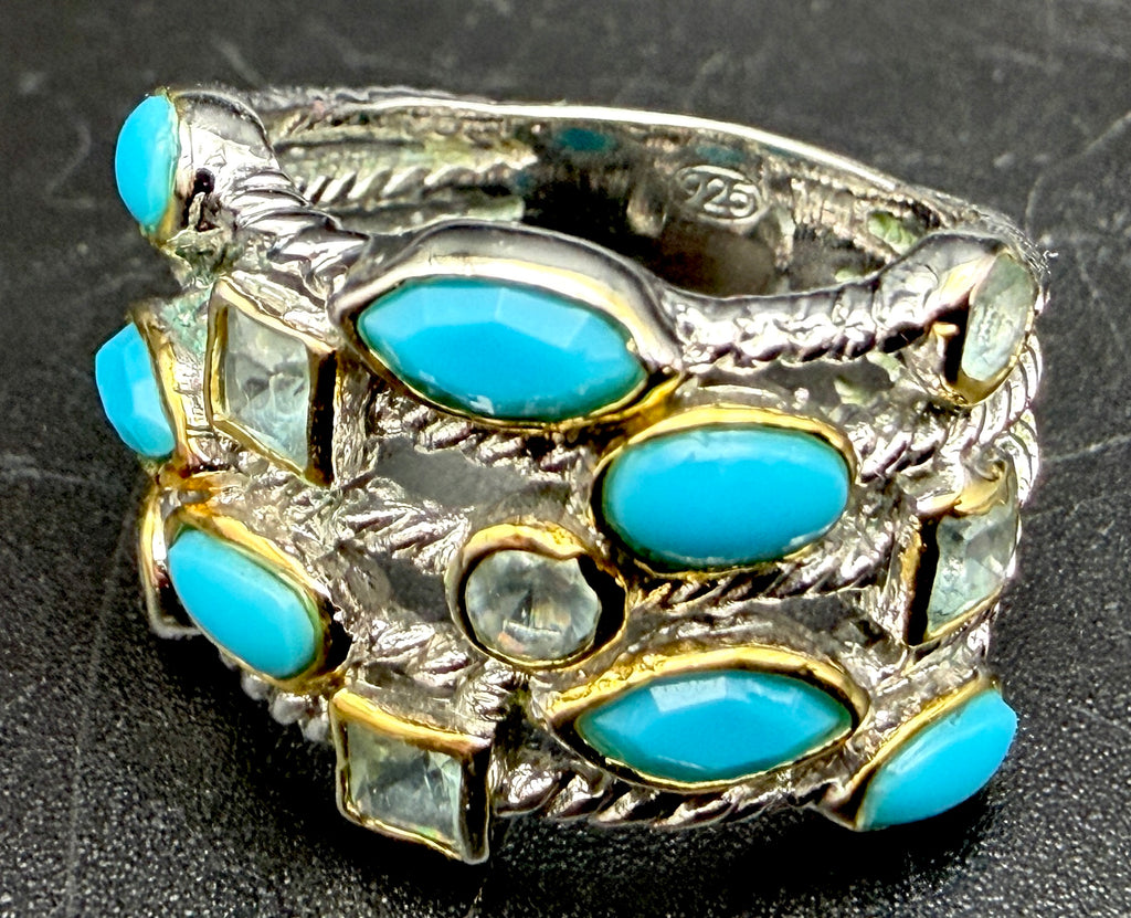 Vintage Sterling Silver Faux Turquoise and Imitation Blue Topaz Ring - Size 7.75