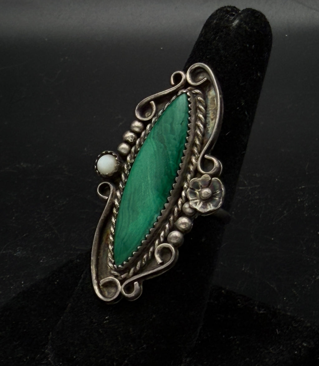 Vintage Malachite Sterling Silver Handmade Ring - Size 7