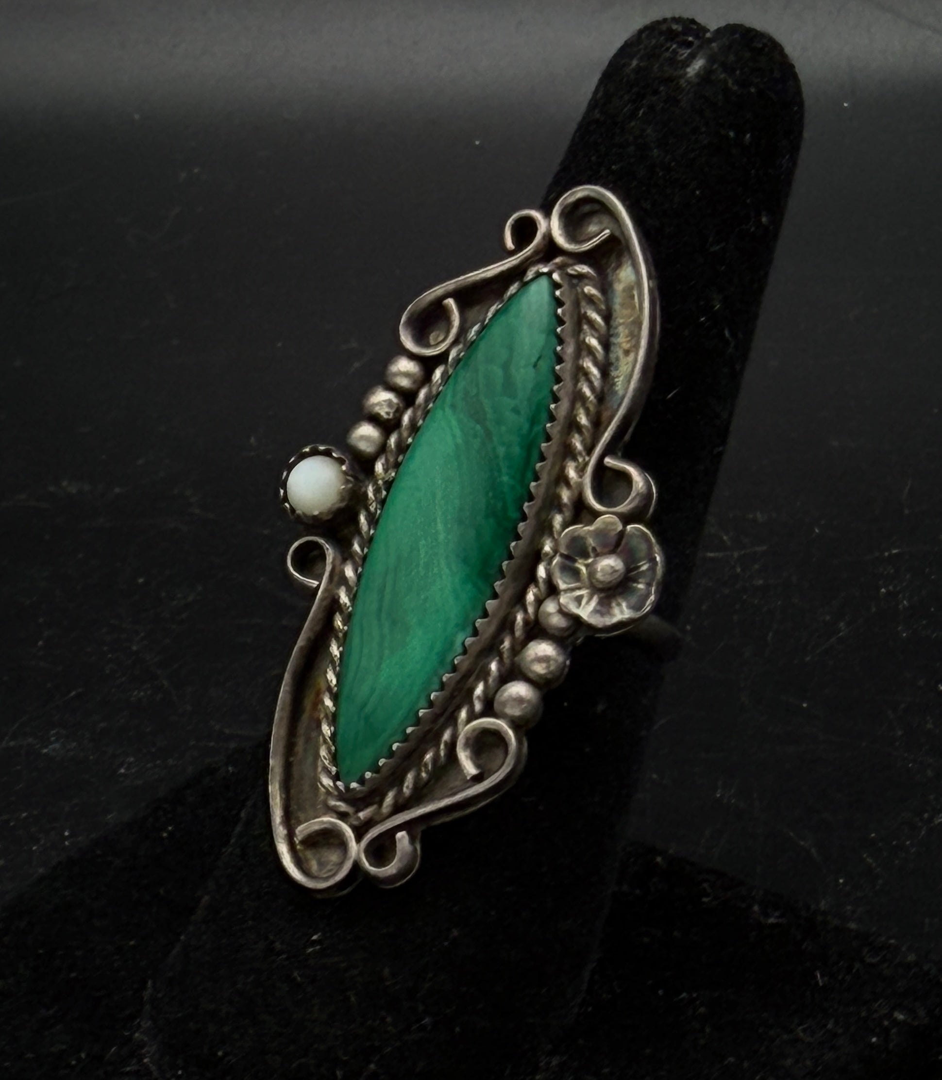 Vintage Malachite Sterling Silver Handmade Ring - Size 7