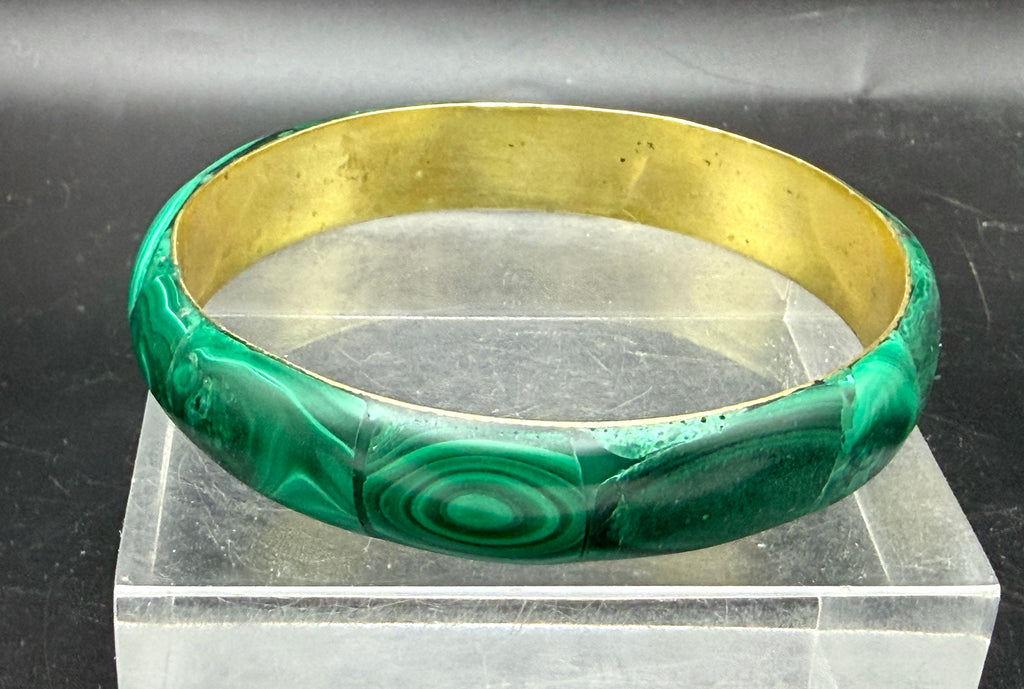 Vintage Handmade Malachite Inlaid Brass Wide Bangle Bracelet