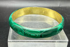 Vintage Handmade Malachite Inlaid Brass Wide Bangle Bracelet