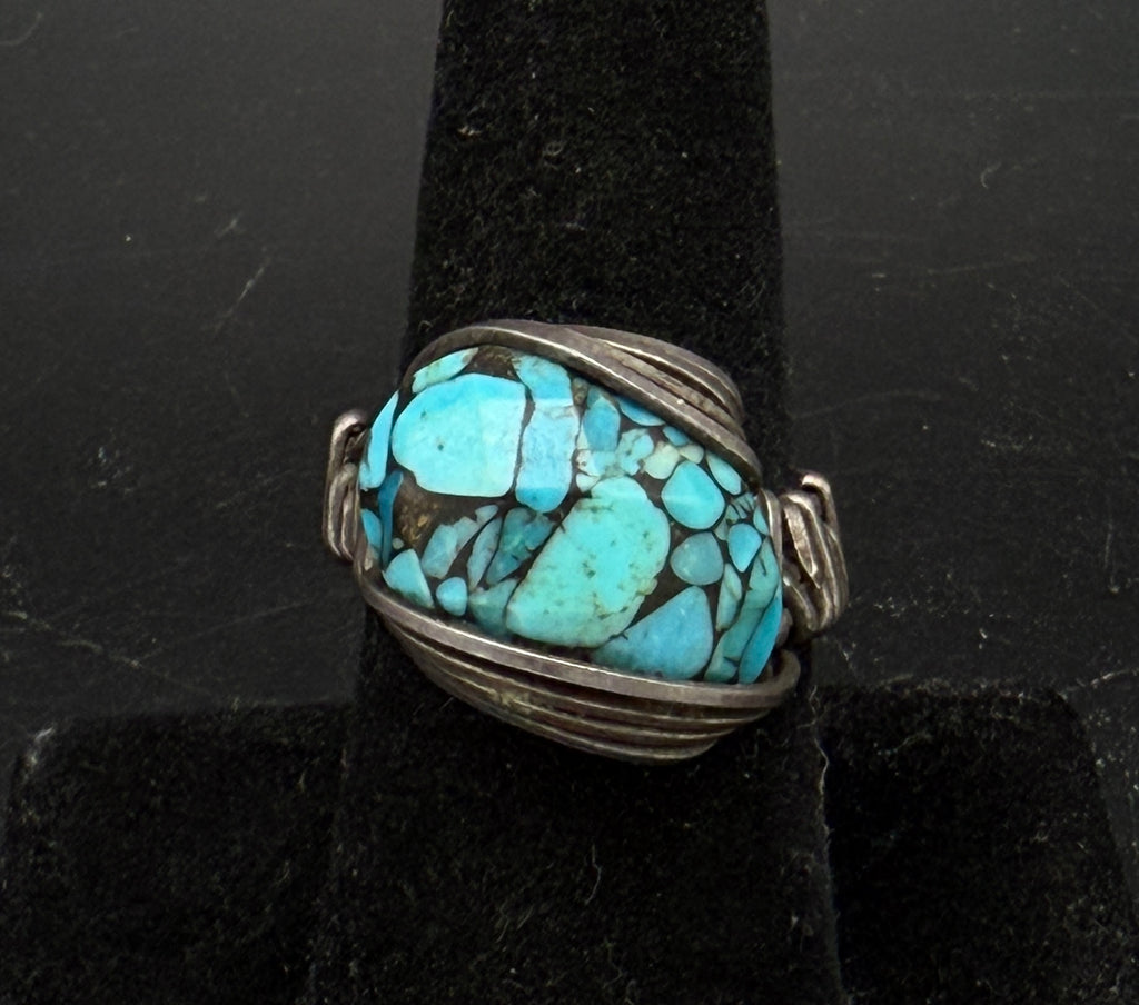 Vintage Turquoise Sterling Silver Wire Wrapped Handmade Ring - Size 7.5
