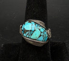 Vintage Turquoise Sterling Silver Wire Wrapped Handmade Ring - Size 7.5