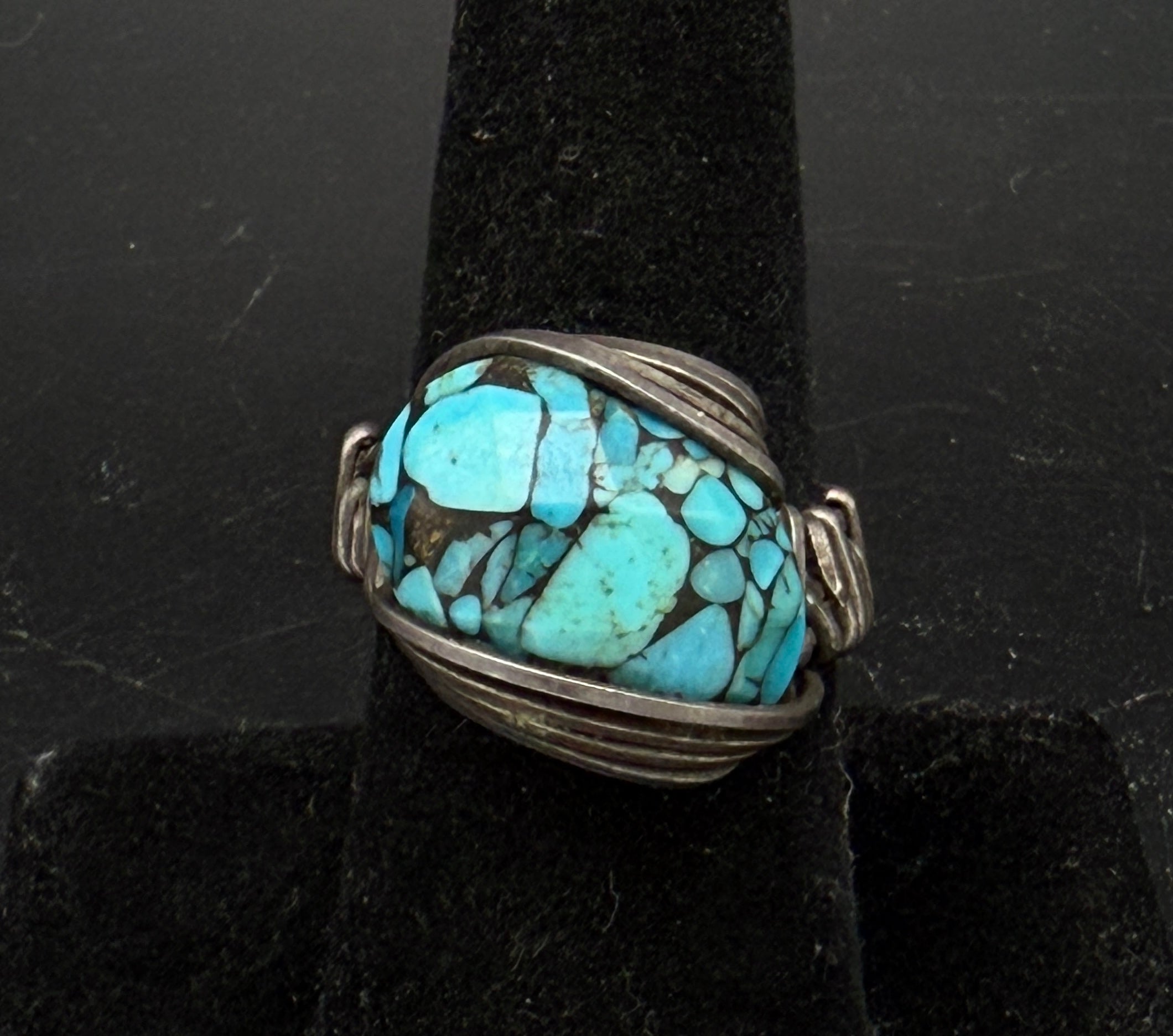 Vintage Turquoise Sterling Silver Wire Wrapped Handmade Ring - Size 7.5