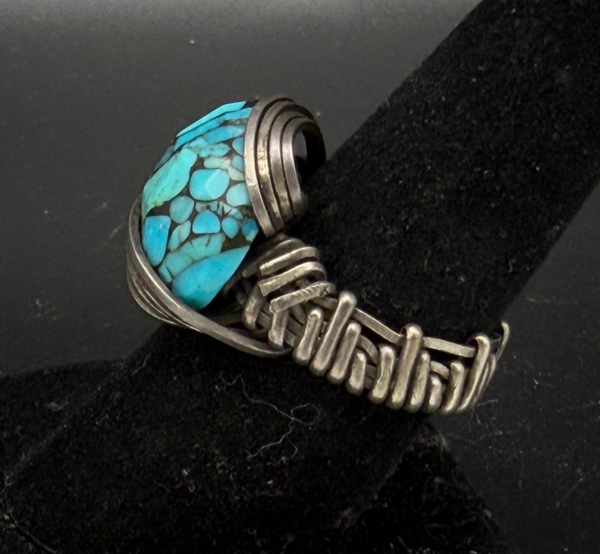Vintage Turquoise Sterling Silver Wire Wrapped Handmade Ring - Size 7.5