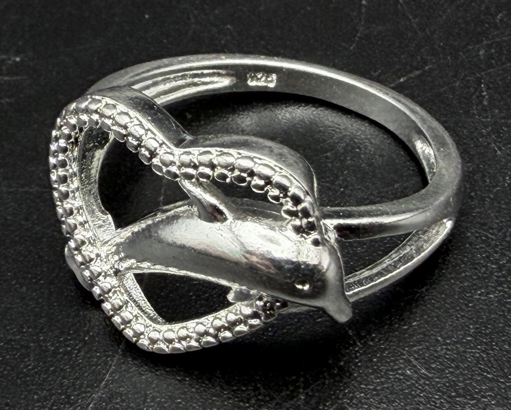 Vintage Sterling Silver Dolphin Heart Ring - Size 6.75