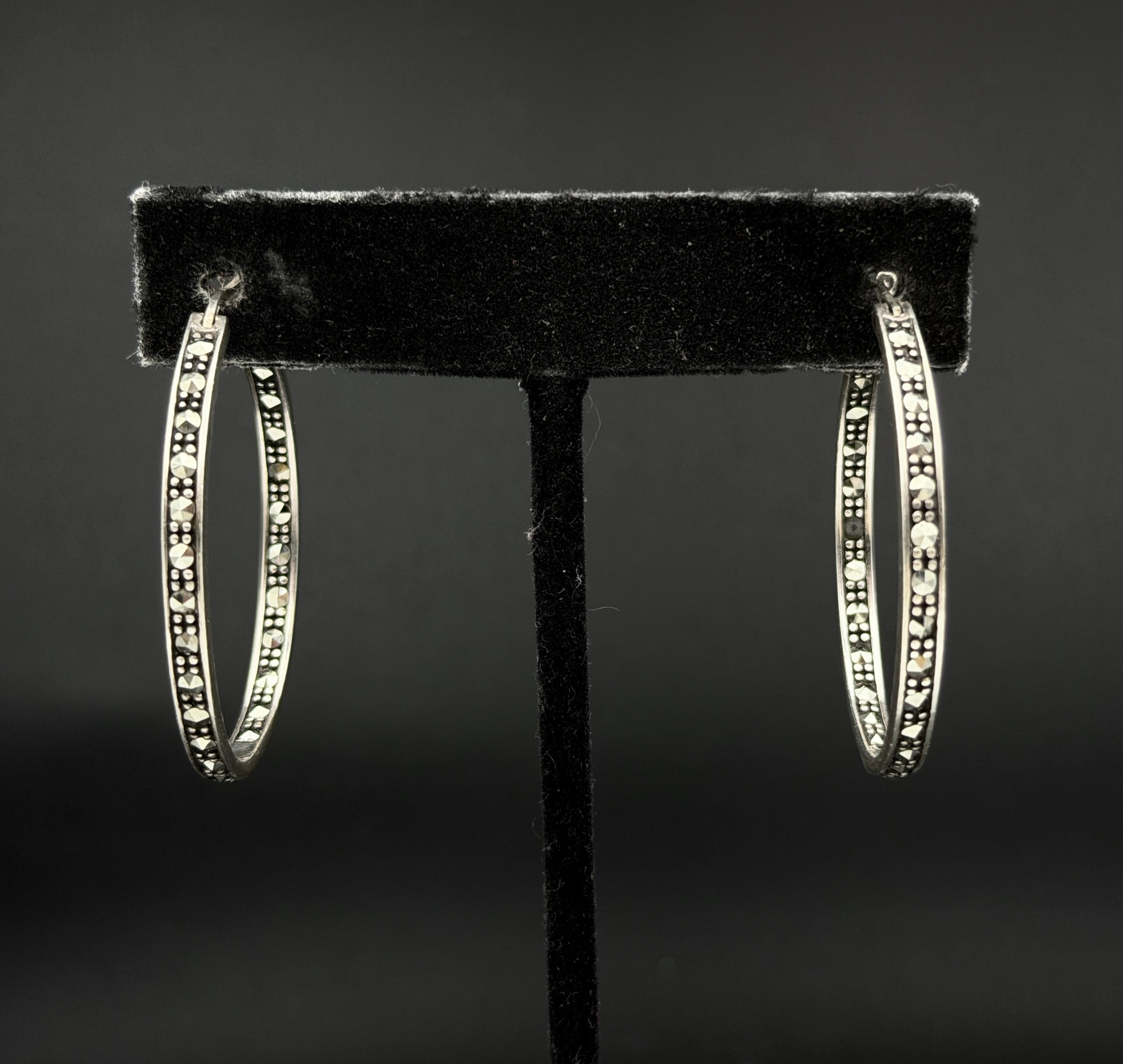 Vintage Sterling Silver and Marcasite Hoop Earrings