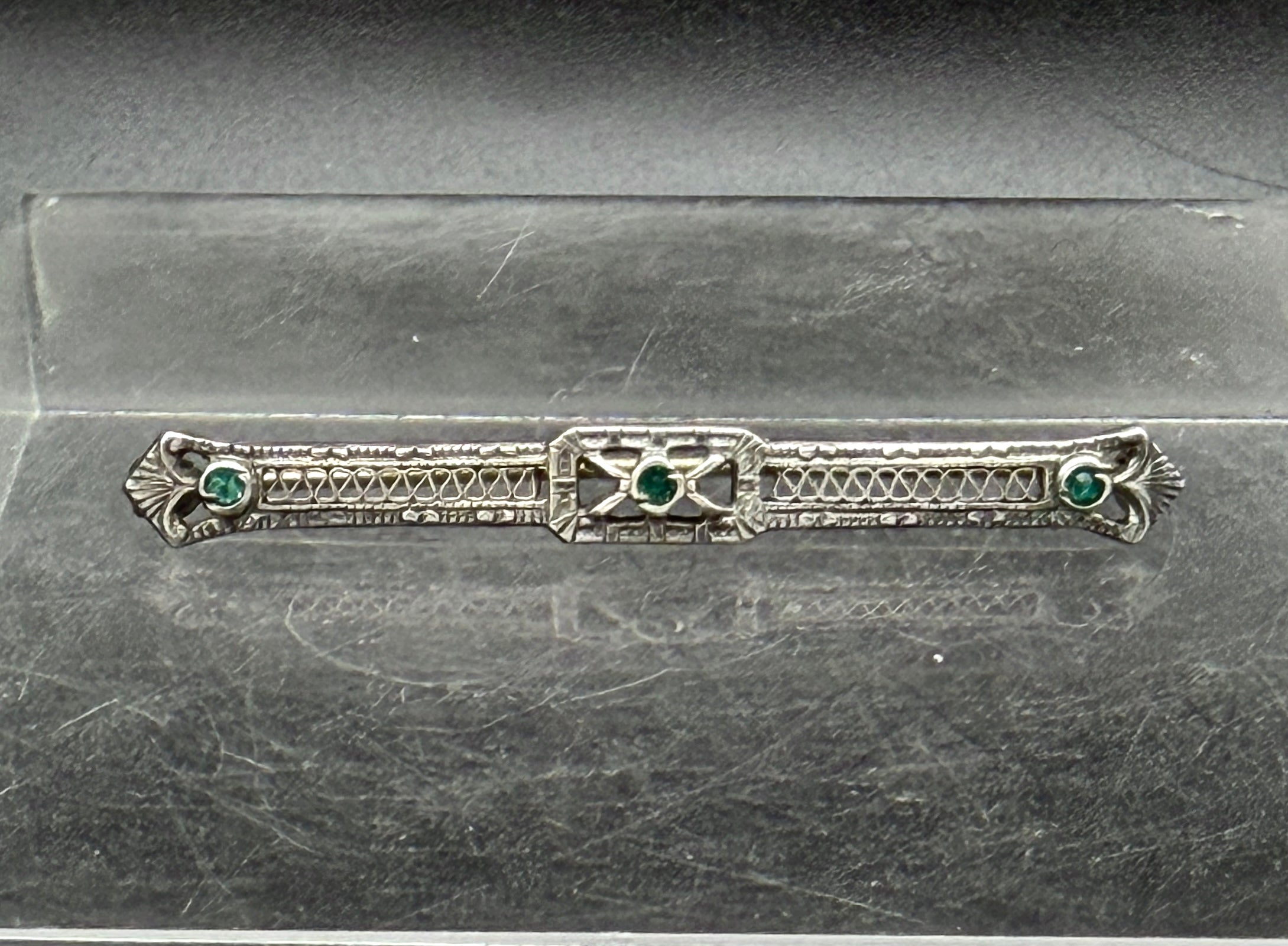 Vintage Sterling Silver with Green Crystals Bar Pin