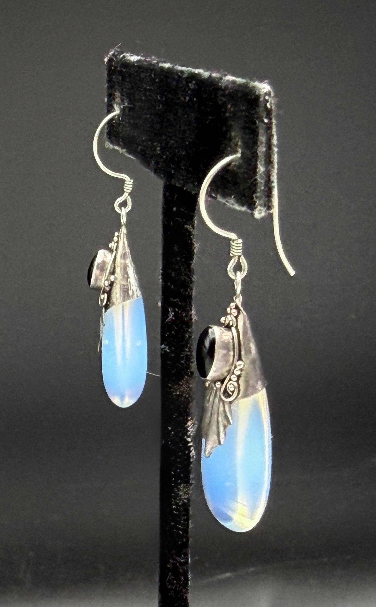 Vintage Opalite Teadrop with Black Onyx Sterling Silver Dangle Earrings