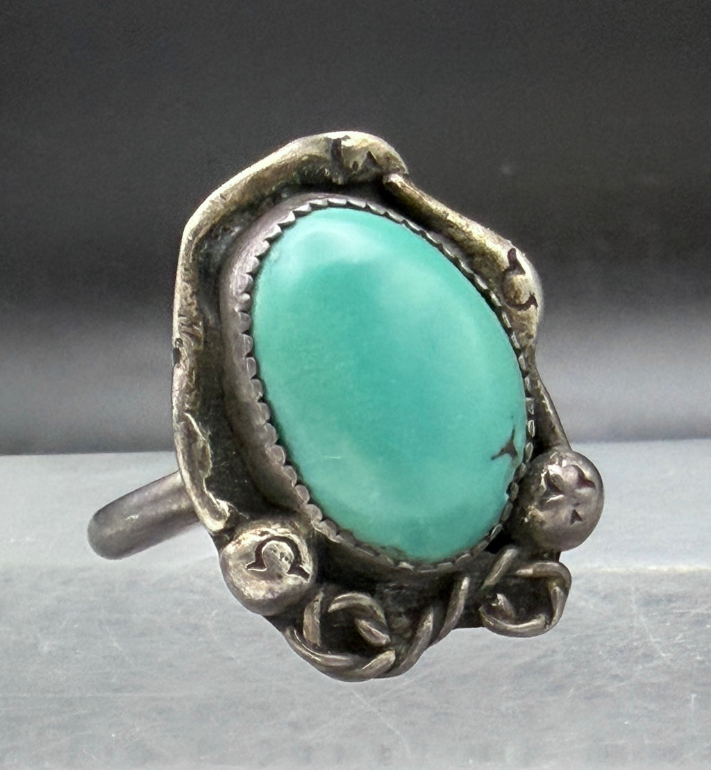 Vintage Handmade Green Turquoise Sterling Silver Abstract Ring - Size 8.5