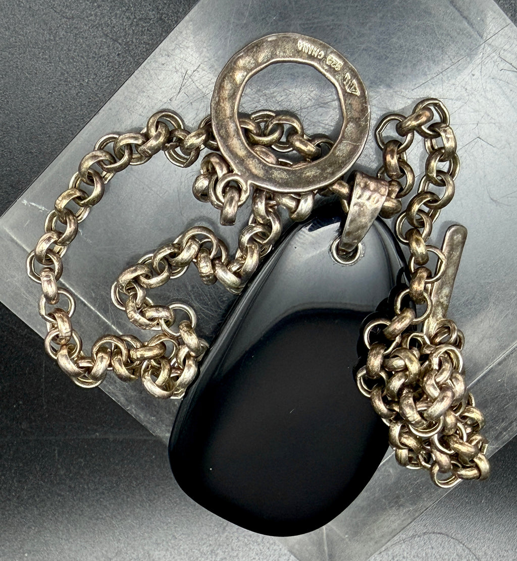 Vintage Sterling Silver Chain Necklace with Black Glass Pendant - 18"