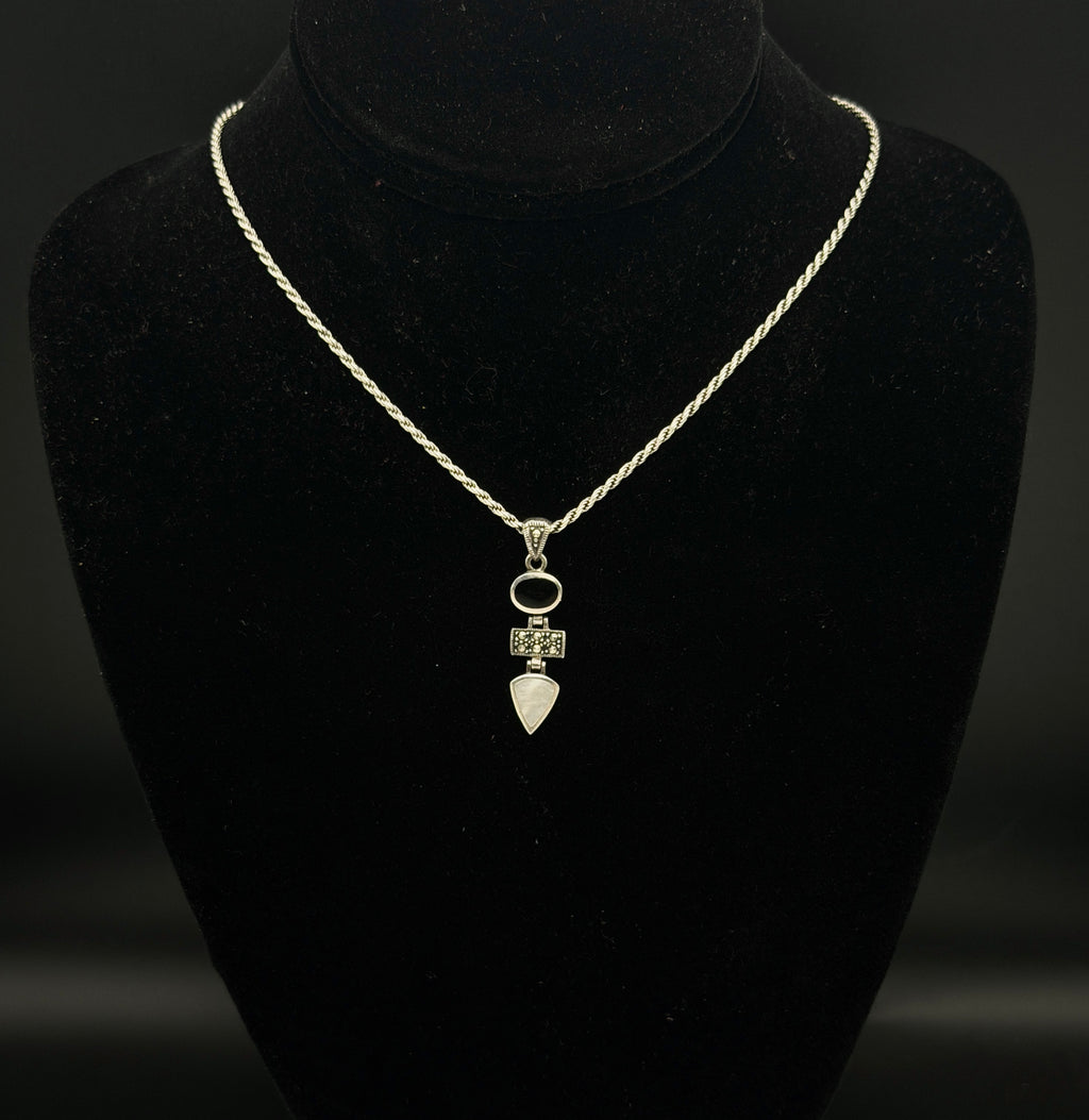 Vintage Black Onyx, Marcasite and Mother of Pearl Pendant on Italian Chain Sterling Silver Necklace - 16"