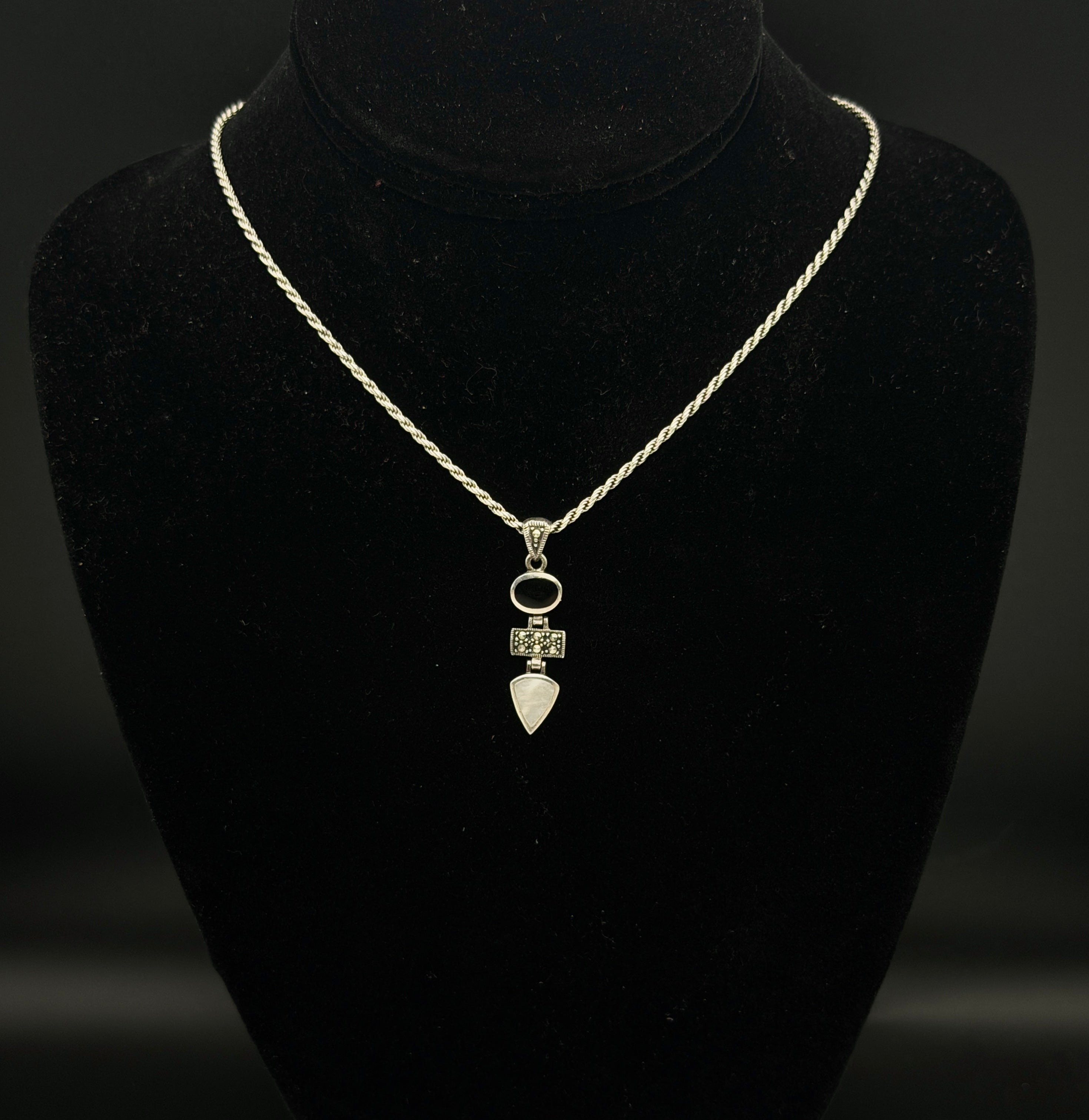 Vintage Black Onyx, Marcasite and Mother of Pearl Pendant on Italian Chain Sterling Silver Necklace - 16"