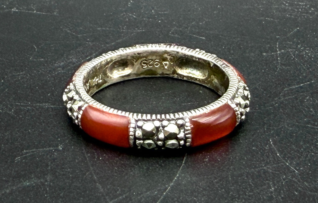 Vintage Sterling Silver Amber and Marcasite Band - Size 5.75