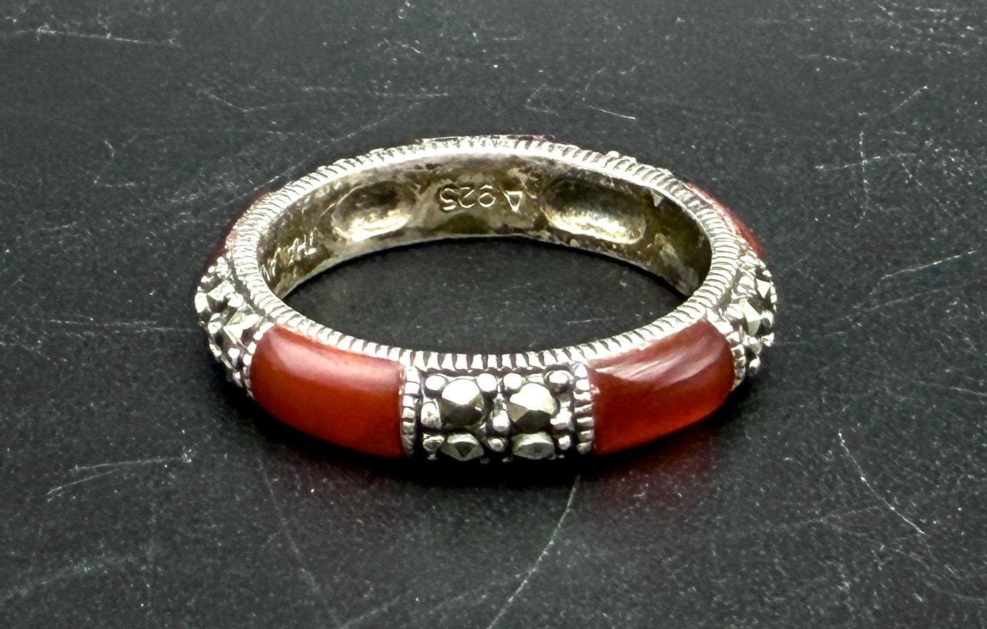 Vintage Sterling Silver Amber and Marcasite Band - Size 5.75