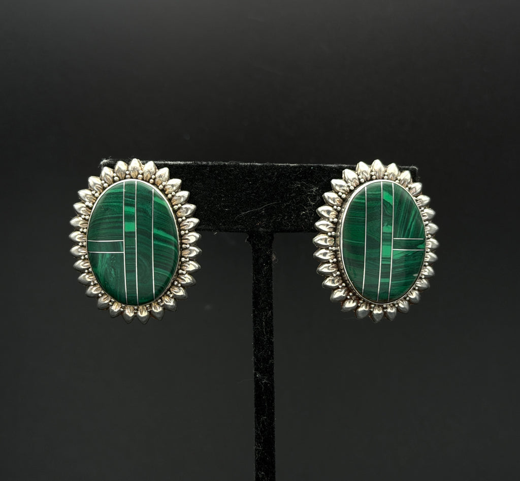 Vintage Sterling Silver Inlaid Imitation Malachite Earrings