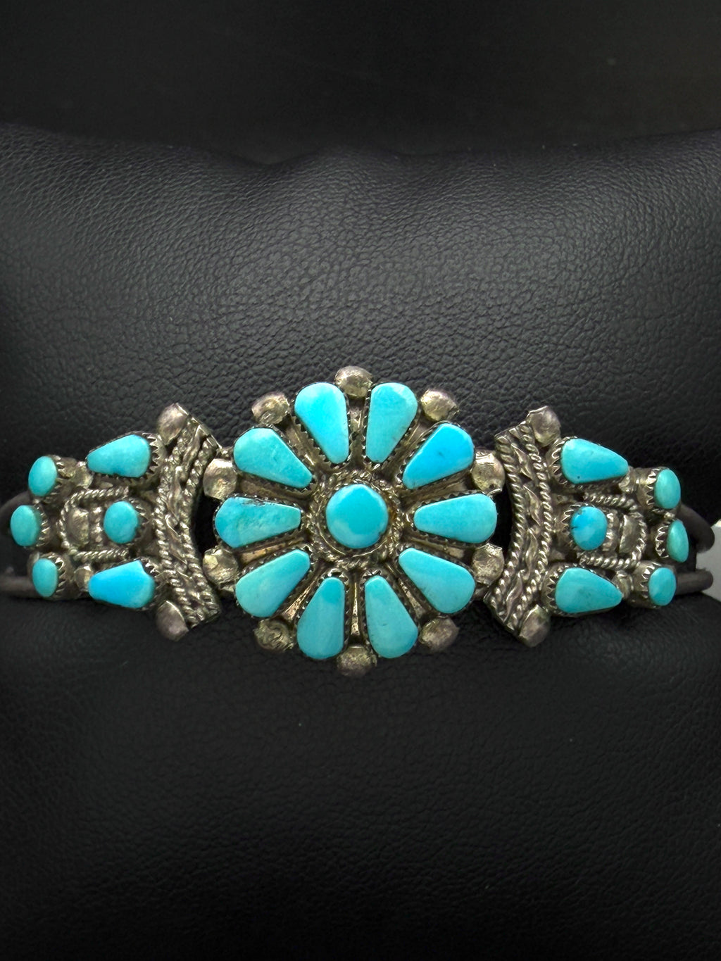 Vintage Handmade Zuni Floral Petit Point Turquoise Sterling Silver Cuff Bracelet