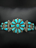 Vintage Handmade Zuni Floral Petit Point Turquoise Sterling Silver Cuff Bracelet