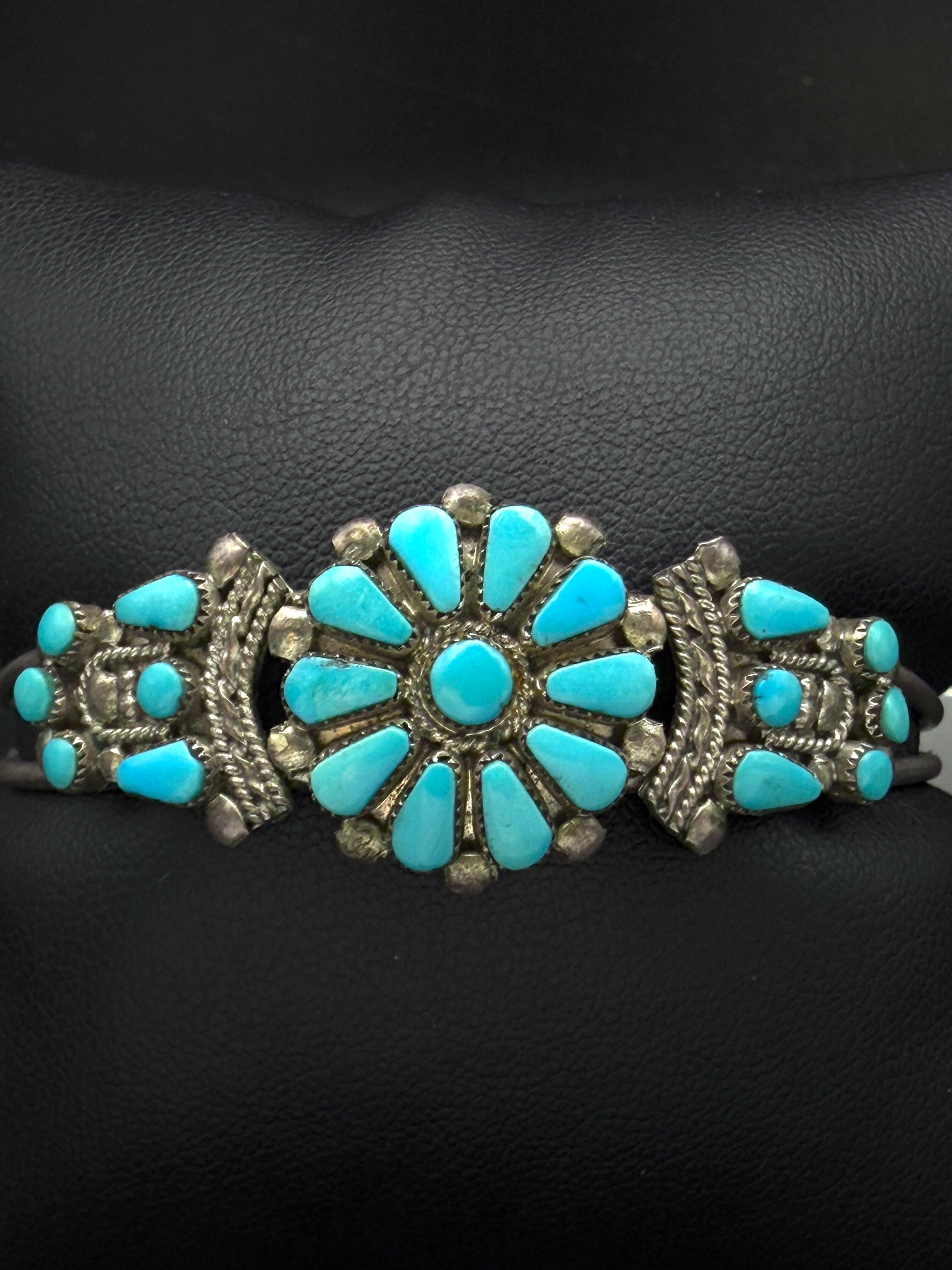 Vintage Handmade Zuni Floral Petit Point Turquoise Sterling Silver Cuff Bracelet