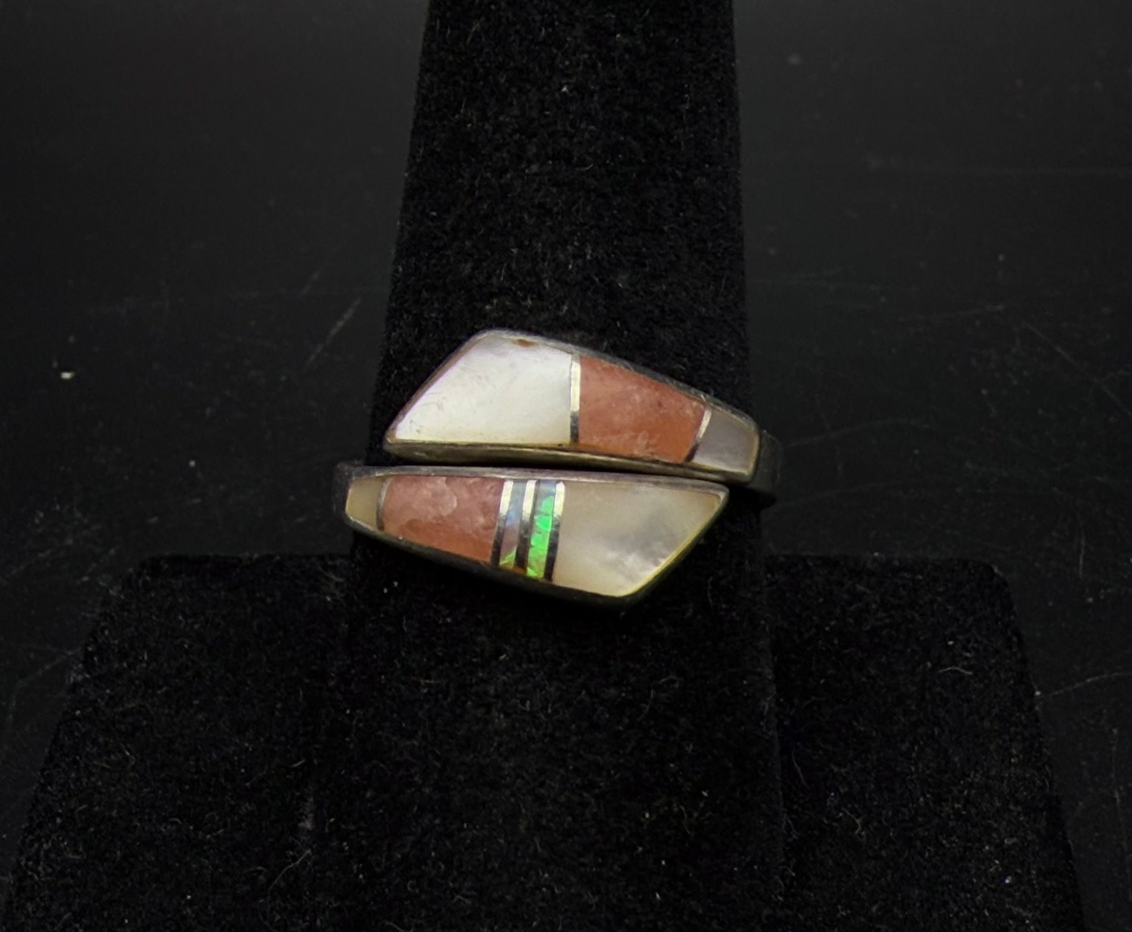 Julius Burbank - Vintage Handmade Sterling Silver Inlaid Bypass Ring - Adjustable Size